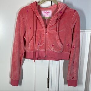 Voight by Valentina Cherry On Top‎ Crop velour Hoodie pink embroidered sz medium
